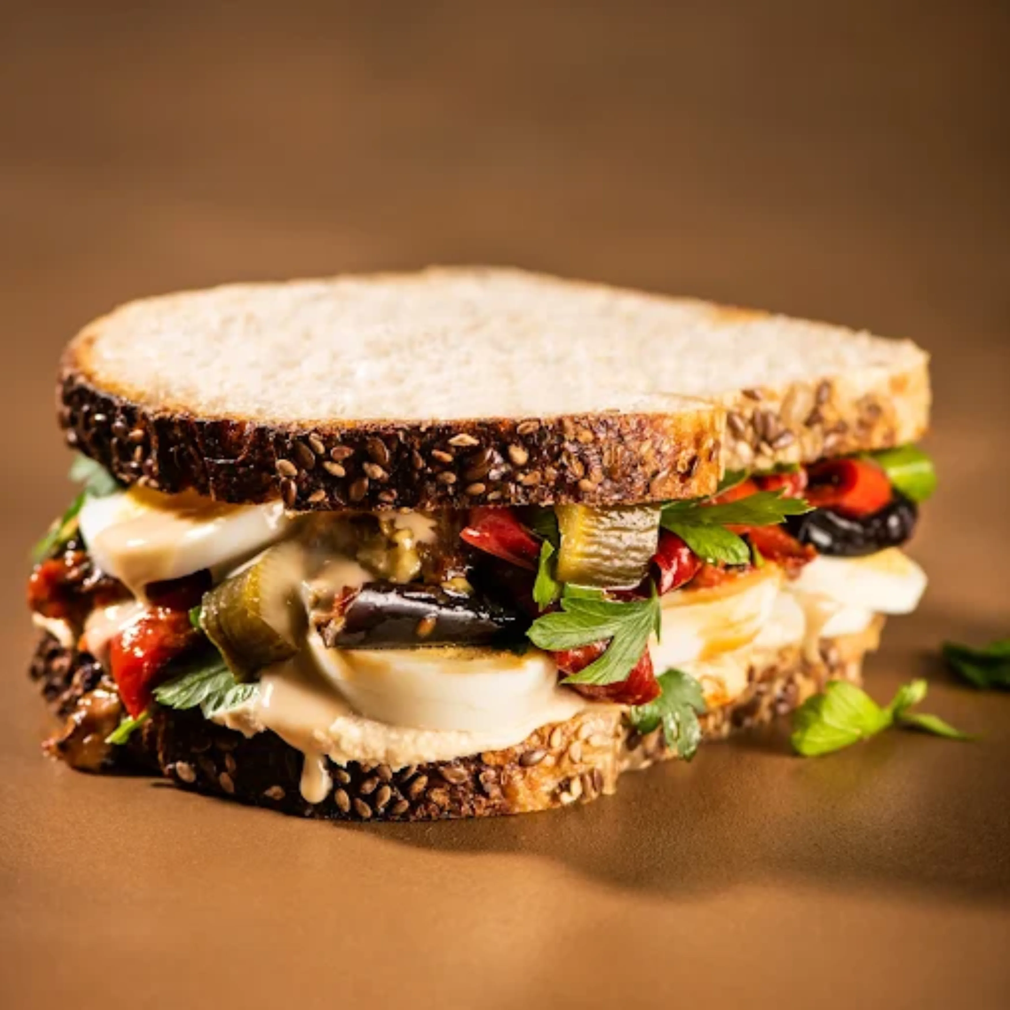 Crave Sourdough artisan sandwich with roasted vegetables and fresh herbs